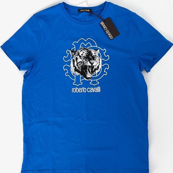 Roberto  Cavalli HST618 Tiger Graphic Tee Bluette - Picture 1 of 2